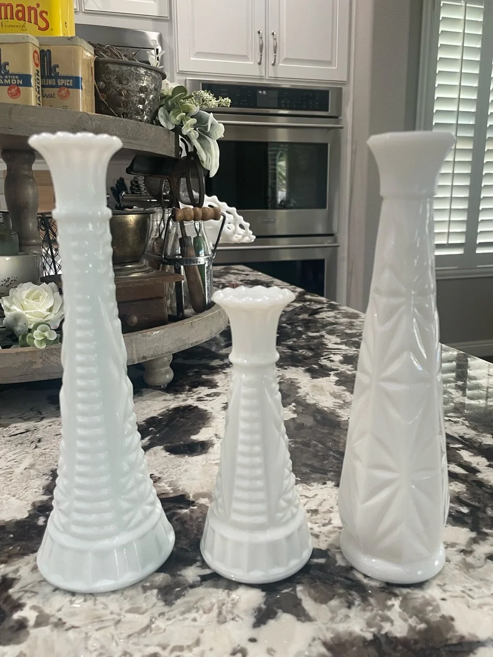 White Milk Glass Geometric Bud Vases Assorted Shape Size Set of 3 - Vintage